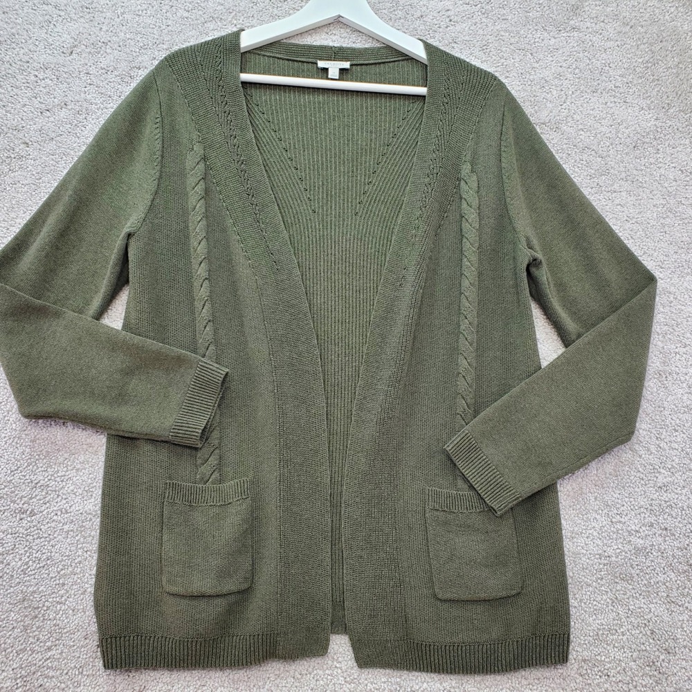 Talbots Cardigan Sweater Womens Medium Forest Green Cotton Cable Knit Open Front